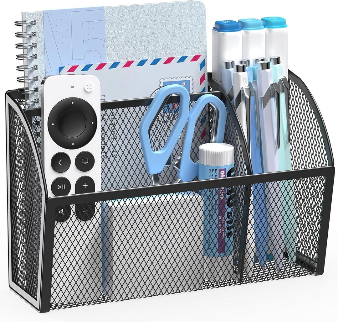 YINGHUA Magnetic Desk Organizer - 3 Compartment Metal Mesh Pen Holder for Locker, Whiteboard, Refrigerator, Office - Black Caddy (7.4 x 2.6 x 5 inches)