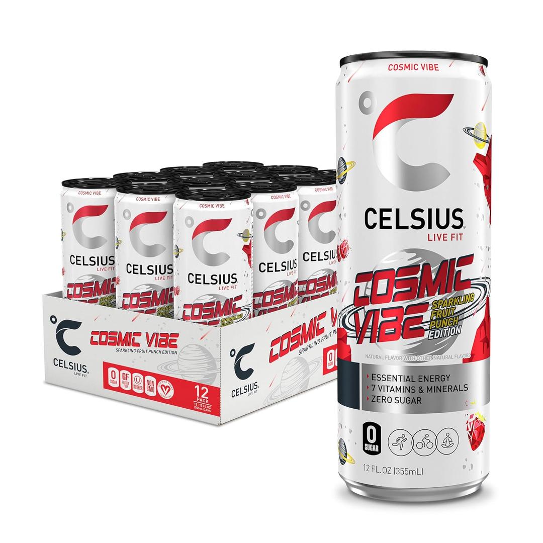 CELSIUS COSMIC VIBE Sparkling Fruit Punch, Sugar Free Energy Drink, 12 Fl Oz (Pack of 12) BBD 04/2027