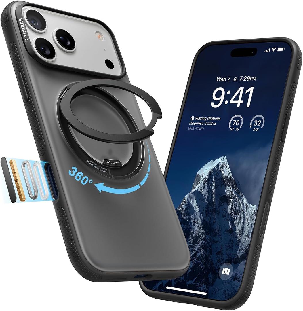 TORRAS 360 Magnetic Stand for iPhone 17 Pro Max Case, [Fit for MagSafe] [4X Military-Grade Protection] Slim Case for iPhone 17 Pro Max 6.9", Translucent Obsidian Black, Ostand O3 Fitness Series