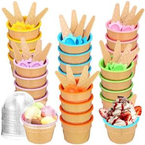 Jingmore 16 Pcs Plastic Ice Cream Bowls and Spoons Set Reusable Ice Cream Cups with Spoons and Lids Cartoon Candy Color Sundae Cups for Summer Sundae Frozen Yogurt Summer Holiday Party, 4 Colors