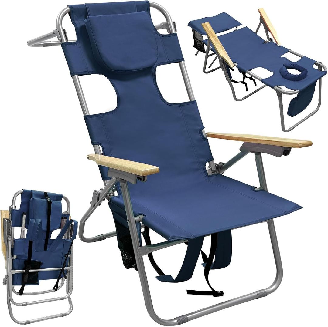 16" Tall Backpack Beach Tanning Chair with Camping Stool for Adults, Heavy Duty 5-Position Folding Beach Chair with Face Hole 265LBS Navy