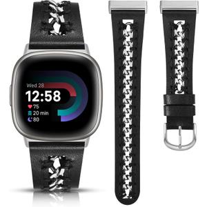 Minyee Leather Band Compatible with Fitbit Versa 4/3/Fitbit Sense 2/1 Bands Women, Dressy Premium Leather Designer Strap with Stainless Steel Metal Chain for Versa 3 4 Sense 2 Smartwatch (Black/Silver)