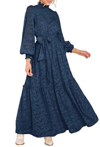 MITILLY Women's Fall Dresses Elegant Floral High Neck Long Sleeve Elastic Waist Formal Maxi Dress with Belt X-Large Dark Blue