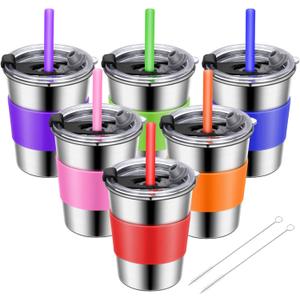 ShineMe Toddler Cups with Straws Spill Proof 6pack, 8oz Small Stainless Steel No Spill Sippy Cup, Unbreakable Kids Cups with Lids and Colorful Silicone Sleeves for Hot/Cold Drinks Snacks