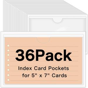 36 Pack Adhesive 5" x 7" Index Card Pockets with Top Open for Loading, Clear Plastic Labels Holders for Storage Bins Organizing Library Card Totes Shelves