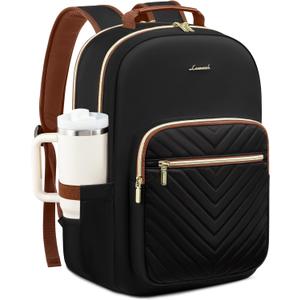 LOVEVOOK Laptop Backpack for Women with Giant Tumbler Holder 17.3 inch,Designer Travel Backpack Laptop Bag College Backpack,Quilted Work Nurse Teacher Backpack Purse Computer Bag Daypack,Black Brown