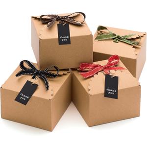 Brown Kraft Cookie Boxes with Ribbons & Tags (20 Pack) 5.8 x 3.7 Small Craft Gift Boxes for Baked Goods, Candy, Treats, Chocolate, Fudge, Christmas, Decorative Food Packaging, Empty, Bulk, Square