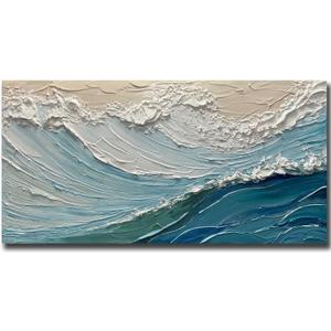 V-inspire Art,24x48 Inch Hand drawn Oil Painting, Modern Home Canvas Wall Decoration - The Surging Waves - Abstract Mural Painting (48L" x 24W", Blue/White)