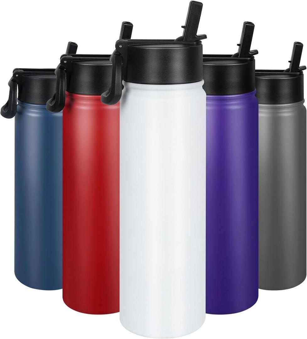 24 oz Insulated Water Bottle with Straw, Stainless Steel Double Wall Vacuum Thermos with Straw Lid Leak Proof, Wide Mouth Lid, Keep Cold and Hot (White)