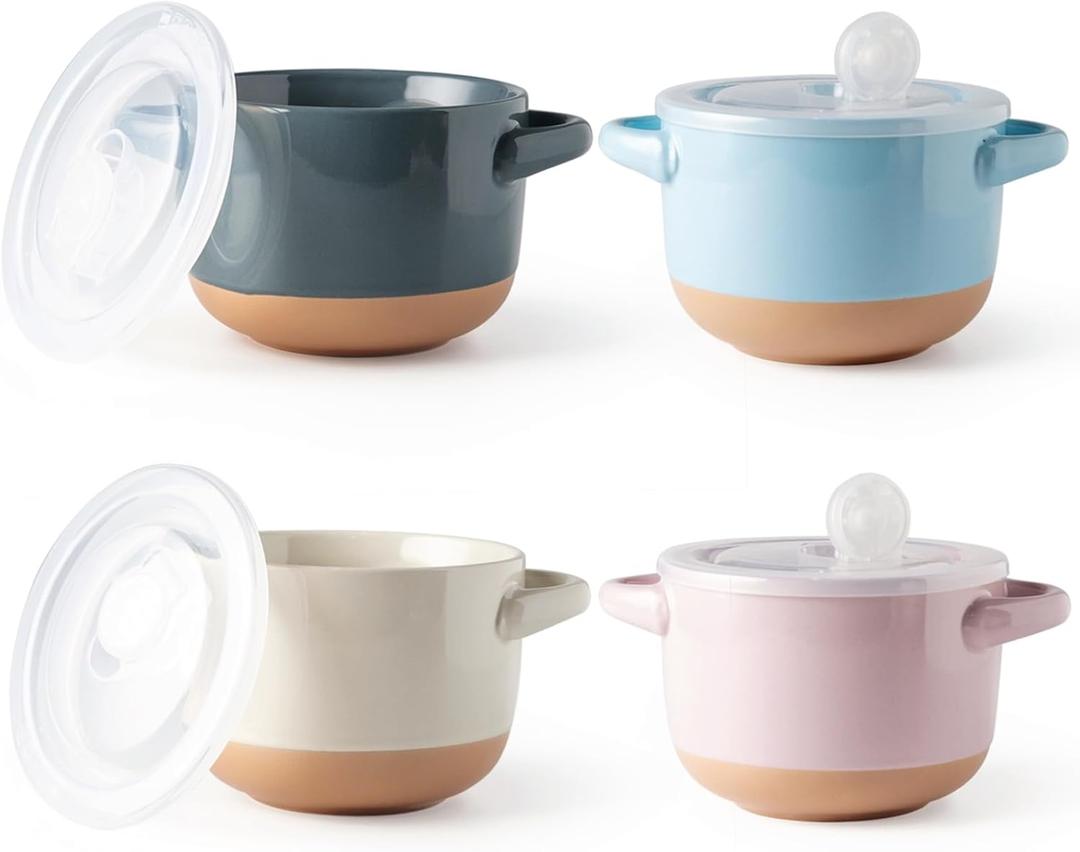 AmorArc 24 Ounces Soup Bowls with Large Handles and Lids, Stoneware Bowls Set of 4 for Soup, Cereal, Stew, Noodle, Colourful Ceramic Kitchen Bowls, Microwave&Dishwasher Safe, Multicolor (Multi-Color1)