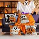 Halloween Pillow Covers 16 x 16 Inch Set of 4 Orange Polka Dots Pumpkins Boo Black Cat Ghost Throw Pillow Covers Indoor Outdoor Decorative Pillow Case for Sofa Couch Bed Living Room Decor