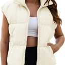 Womens Cropped Puffer Vest Oversized Winter Sleeveless Zip Up Padded Jacket Outerwear Water-Resistant Warm Coat (Medium, Cream White)