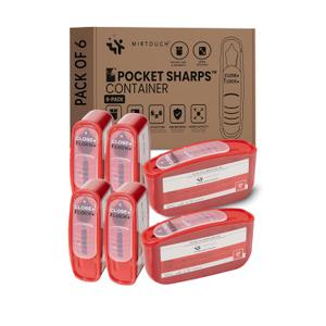 PocketSharps - Pocket-Size Travel Sharps Container for Pen Needles, Lancets, Strips - Premium Quality, Flat Bottom, Translucent Lid, Easy-Use, Portable Eject & Disposal Sharps Container - 6 Pack