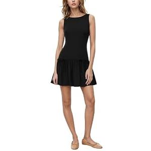 Women's Summer Dresses Tank Sleeveless Tunic Crew Neck Ruffle Hem Bodycon Mini Dress A-line Dress Casual Sundress Black, XS