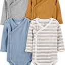 Simple Joys by Carter's unisex-baby 4-pack Side Snap Bodysuit (Newborn, Dusty Blue/Gold/Grey Heather/White Stripe)