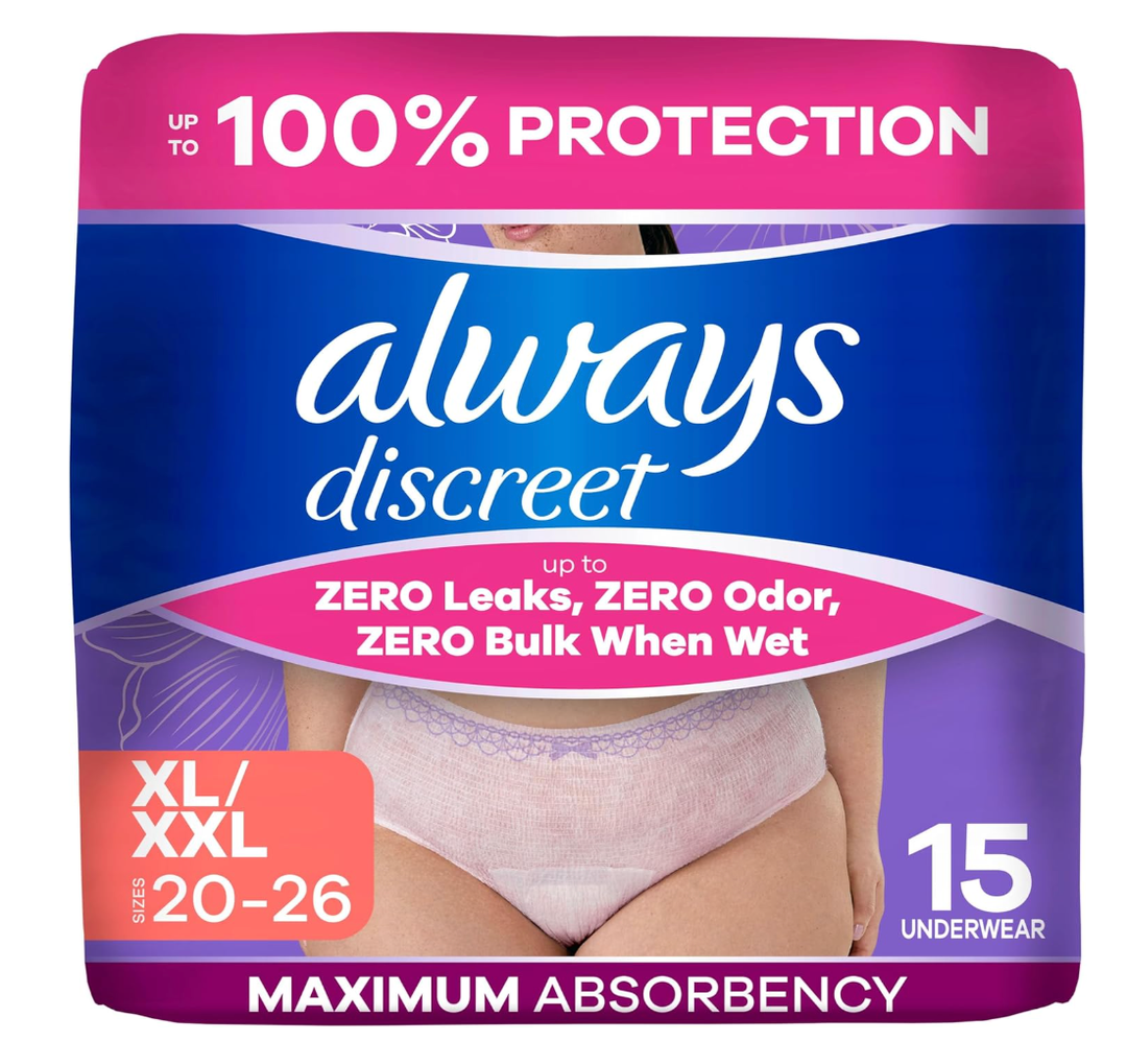 Always Discreet Adult Diapers for Women, Incontinence Underwear, Postpartum Essentials, Disposable Briefs, Max Absorbency, Bladder Leak Protection, Extra Large/XL, 15ct