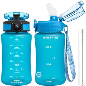 OLDLEY Kids Water Bottle for School, 12 oz (2 lids) BPA-Free Reusable Leak-proof Durable Tritan Plastic Water Bottles with Straw & Chug Lids, Anti-dust Spout Cover (Blue)
