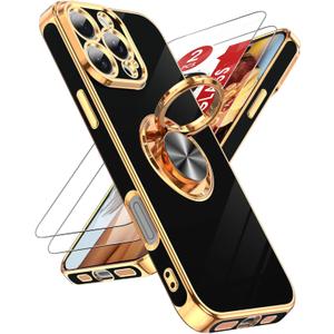 LeYi for iPhone 16 Pro Case: with 2 Pack Tempered Glass Screen Protector and 360 Rotatable Ring Holder Magnetic Kickstand, Plating Rose Gold Edge Protective for iPhone 16 Pro Case, Black