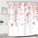 Riyidecor Pink Cherry Blossom Shower Curtain for Bathroom Decor 72Wx72H Asian Weeping Flower Birds Butterfly Japanese Sakura Floral Cute Art Printed Fabric Polyester Waterproof 12 Pack Metal Hooks
