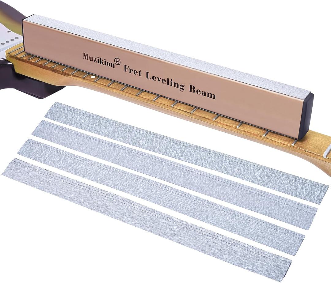 Stainless Steel Fret Leveling Beam, 16" (400mm) Sanding Beam Fret Leveler, Pro Guitar Luthier Repair Tool Fretboard Leveling File Includes 3 Sets of 120/240/320/600 Grit Sandpaper (Rose Gold)