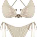 ZAFUL Women's Sexy Cutout Bikini Set High Cut Textured Metal Ring Cheeky Swimsuit Two Piece Bathing Suit (Beige, M)