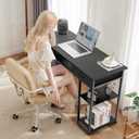 DUMOS 48" Small Computer Home Office Desk for Bedroom with Drawers, Gaming Writing Study Table with Storage Shelf, Adjustable Feet, Metal Frame Black