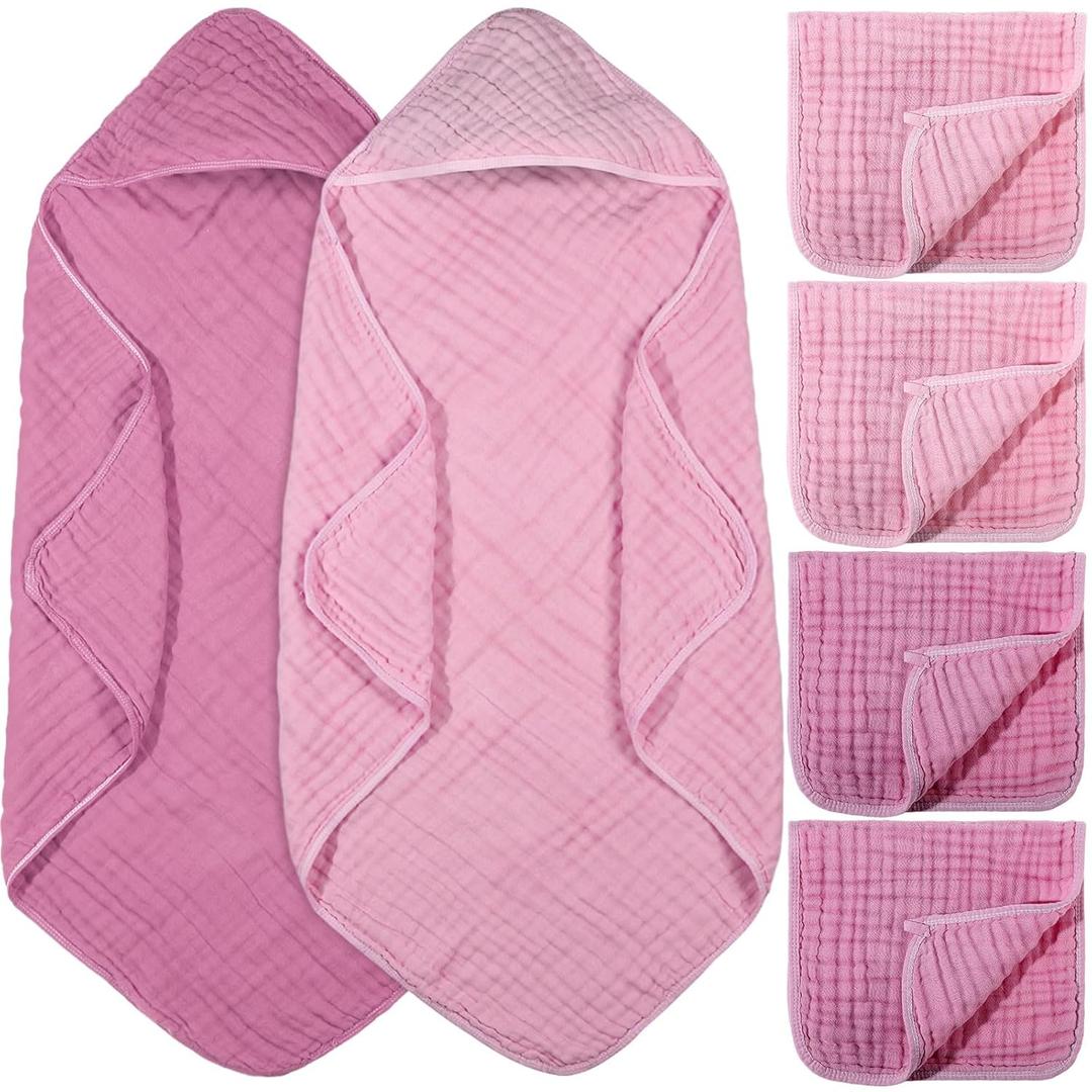 6 Pcs Baby Muslin Hooded Bath Towels and Washcloths, 32 x 32 Inch Muslin Cotton Hooded Baby Towels Absorbent Hooded Blankets for Gift Newborn Infant Shower (Rose Red,Pink)