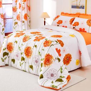 EVENHUG King Comforter Set 7 Pieces Lightweight Soft King Size Comforters for All Season Orange Sunflower Floral Bedding Sets Bed in a Bag with Flat Sheet and Fitted Sheet Pillowcases