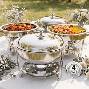 Chafing Dishes for Buffet, 4 Pack 5QT Round Stainless Steel Chafing Dish Set for Home Parties, Christmas Gatherings, Catering Events Complete Buffet Warmer Set (Silver 4)