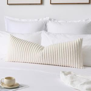 Kevin Textile Soft Plush 14x36 Inch Long Lumbar Pillow Cover 1 Pack, Luxury Fluffy Faux Fur Striped Flannel Rectangle Body Cushion Case for Couch Sofa Chair Bed Home Decor, Cream White