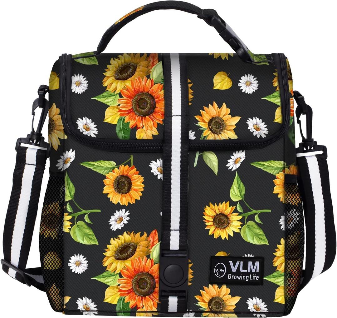 VLM Lunch Box for Women, Insulated Lunch Bag Women with Adjustable Shoulder Strap, Cute Lunch Tote Bag for Work,Picnic,Camping (Medium, Floral 7)