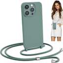 Crossbody Lanyard Strap Case for iPhone 15 Pro, Hands-Free Neck Cross Body Wrist Adjustable Rope Removable Drop Protection Shockproof Silicone Case 6.1 inch 150 cm Strap iP15Pro - Pine Green