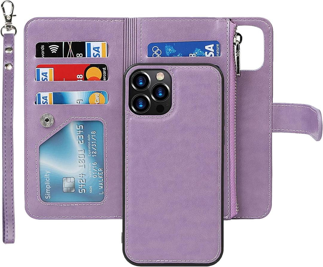 iCoverCase for iPhone 12/12 Pro Wallet Case with Card Holder and Wrist Strap, PU Leather Kickstand Card Slots Zipper Pocket Magnetic [Detachable] Flip Cover Case 6.1 Inch (Purple)