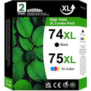 74XL 75XL High-Yield Ink Cartridges (2-Pack, Black/Tri-Color) Replacement for HP 74 75 Ink Cartridge Work for DeskJet D4260 OfficeJet J5725 J5790 J6405 J6488 Photosmart C4280 C4300 C4400 C4500 Printer