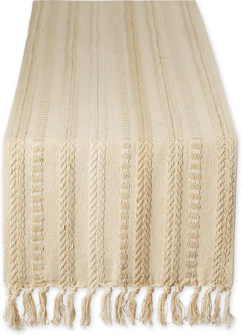 DII Farmhouse Braided Stripe Table Runner Collection, 15x108 (15x113, Fringe Included), Vintage Linen