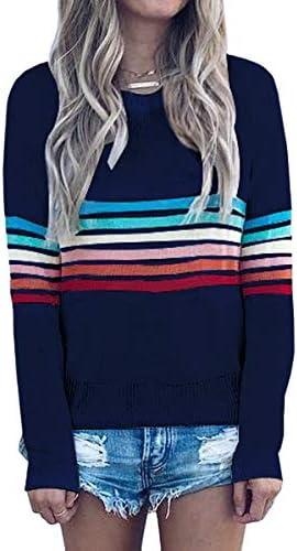 ECOWISH Women's Sweater Rainbow Colorful Striped Sweaters Long Sleeve Crew Neck Color Block Casual Pullover Blouse Tops S