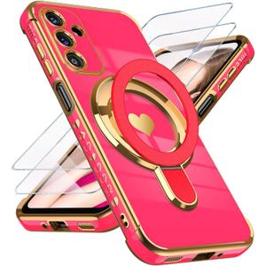for Samsung Galaxy A16 5G Love Heart Kickstand Case with 2X Screen Protector: Luxury Plated Gold Edge Slim Soft TPU Shockproof Protection Case Cover for Galaxy A16 (Hot Pink)