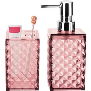 Bathroom Accessories Set 2 PCS, Pink Bathroom Accessories Include Soap Dispenser and Toothbrush Holder, Diamond Pattern Bathroom Set for Boho Bathroom Decor