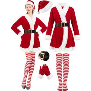5 Pcs Mrs Claus Costume Adult Women, Santa Christmas Outfits for Women Velvet Dress with Belt High Socks Hat Gloves (Medium)