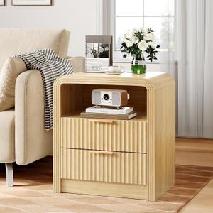 Decofy Fluted 2-Drawer Nightstand with Charging Station, Oak
Open Shelf, USB and Type C ports, Curved Profile, Gold Handles, 19.7'' Wood Bedside Table