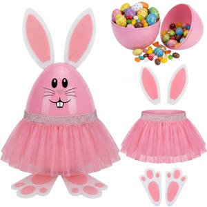 Jumbo Tutu Easter Eggs Baskets DIY Decorations Kit Egg Costume 11" Large Plastic Fillable Bunny Eggs Gift Felt Bunny Ears and Feet and Tulle Skirt for Easter Hunts, Party Favors(Pink)