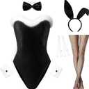 RSLOVE Lingerie Set for Women Sexy - 7 PCS Bunny Costume One Piece Teddy Bodysuit Stockings Set for Halloween Cosplay (Small, Black)