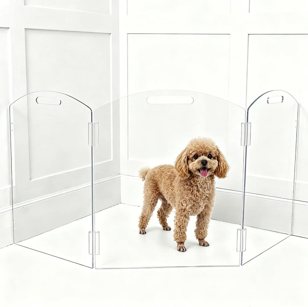 Clear Acrylic Freestanding Dog Gates for The House – Folding 3-Panels Pet Gates for Doorways,Indoor Stairs,and Hallways,No Assembly Transparent Barrier for Dogs,Puppies,and Cats