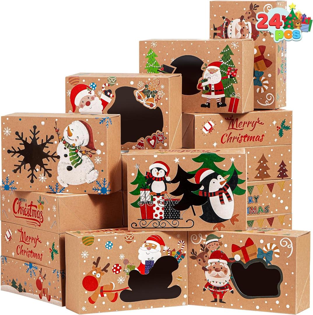 JOYIN 24PCS Christmas Cookie Boxes for Gift Giving, 8.75" x 5.75" x 2.75" Xmas Holiday Bakery Treat Boxes with Window, Kraft Cookie Tin Containers Box for Baked Goods, Cupcake, Pastry, Brownies, Candy (Christmas Classic Color)