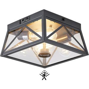 Adjustable Outdoor Motion Sensor Ceiling Light,10" Modern Industrial Design of Squares Flush Mount 2-Light with Clear Glass for Your Porch,Garage,Patio,Hallway,Entryway (Textured Black)