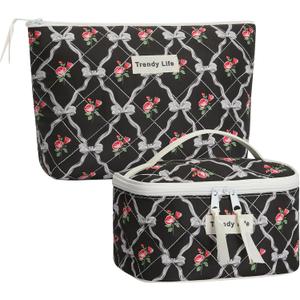 HAOGUAGUA 2 Pieces Makeup Bag, Small Large Quilted Cosmetic Bag, Travel Floral Make Up Toiletry Organizer Bag for Women Girls (2PCS STYLE B-5)