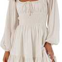 LILLUSORY Women's Long Sleeve Mini Cottagecore Dresses 2026 Fall Outfits Square Neck Casual Flowy Short Dress Fashion (X-Large, Apricot)