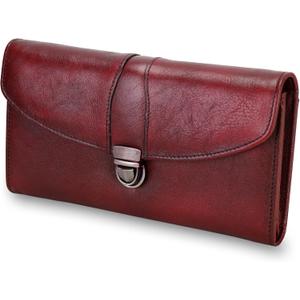 ORIREAL Women's Wallet Genuine Leather Wallet for Ladies Large Capacity Hand-Crafted Wallet Card Holder Purse (Red-02)