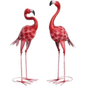 XONOR Metal Flamingo Garden Statues Red Flamingo Yard Art Outdoor Sculptures for Home Patio Lawn Backyard Décor, Set of 2
