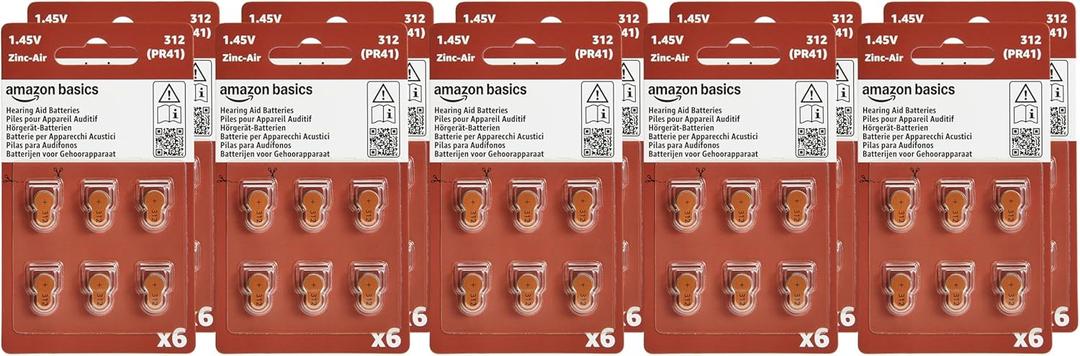 Amazon Basics 60-Pack Hearing Aid Size 312 Zinc-Air Batteries, 1.45 Volt, Brown Tab, 4-Year Shelf Life, Child-Safe Package (Use Scissors to Open)